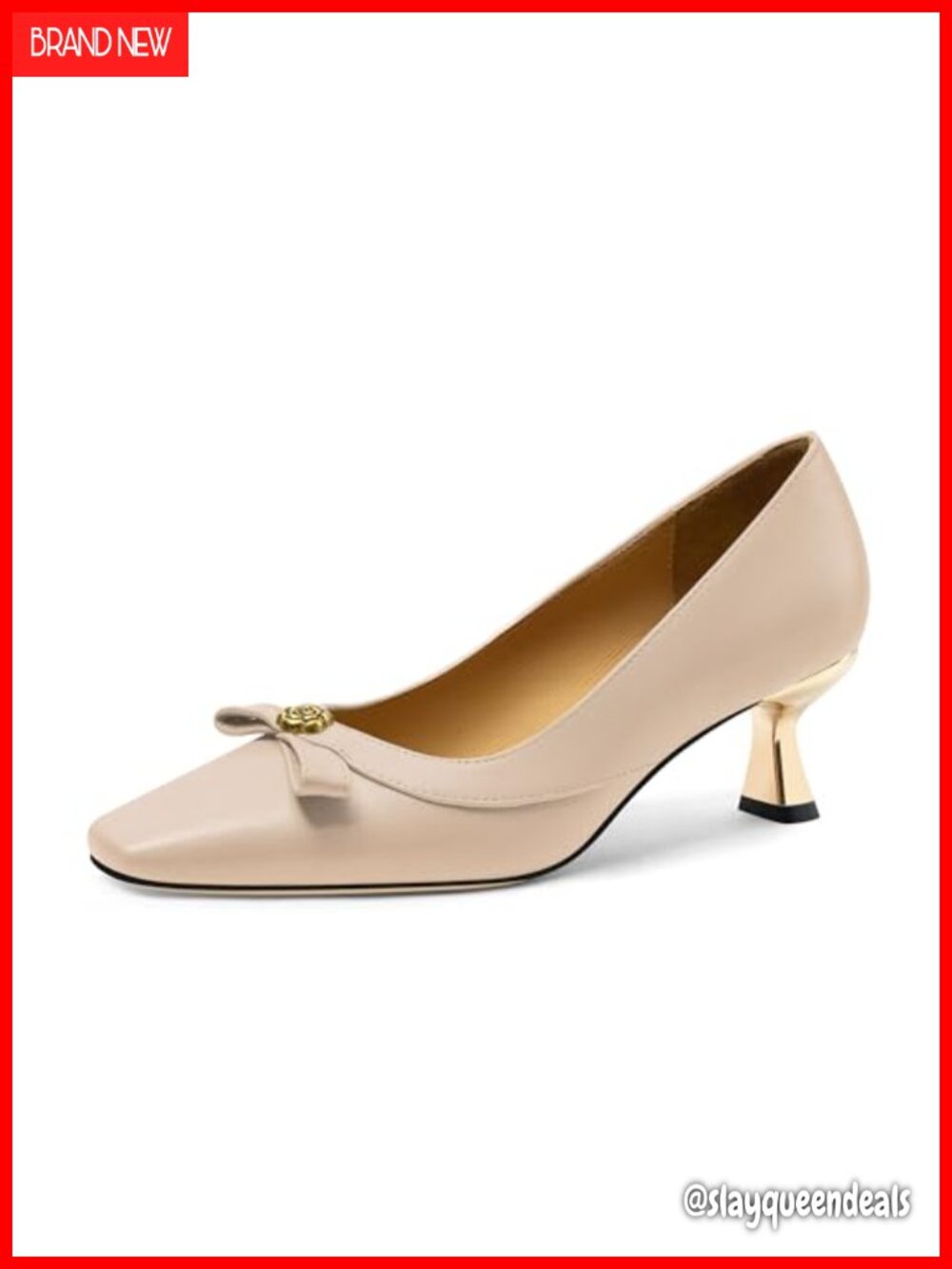 Women's Square Toe Kitten Heel Pumps with Bow & Flower Detail